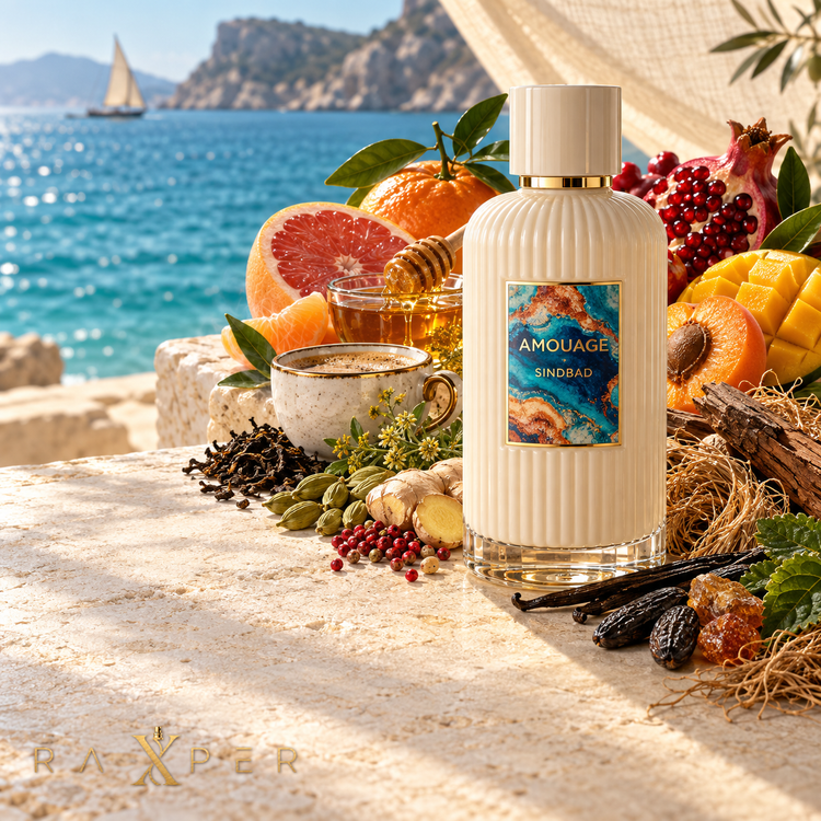 عطر آمواج سندباد در کنار عسل، زردآلو، انار، انبه، مرکبات، هل، زنجبیل، قهوه، چای سیاه و وانیل
