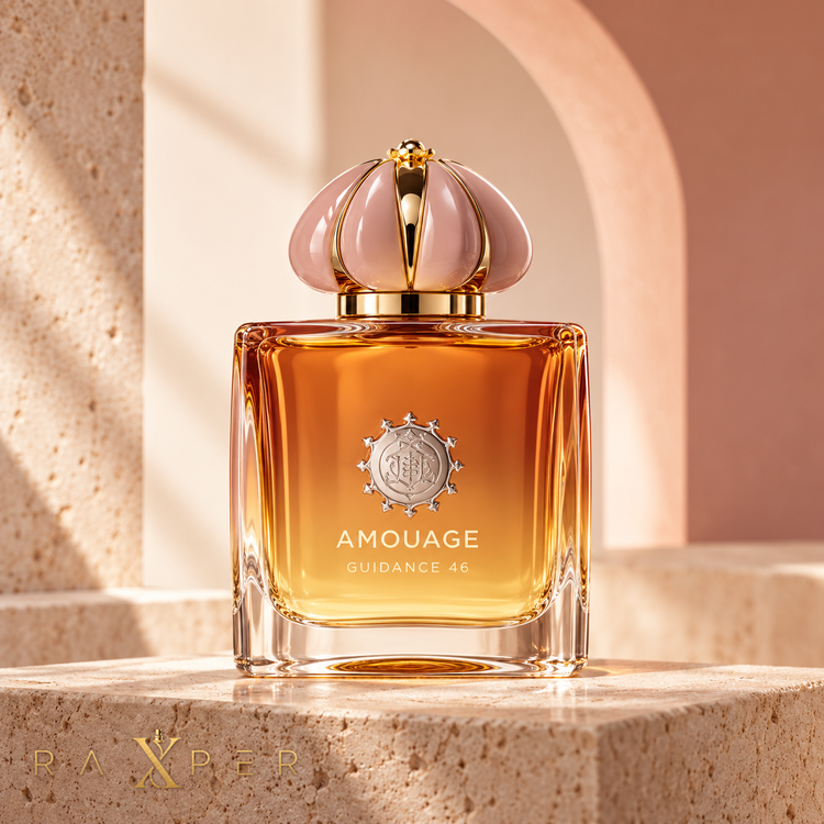 عطر آمواج گایدنس 46 اکستریت با شیشه کهربایی و درپوش صورتی در نمای استودیویی لوکس