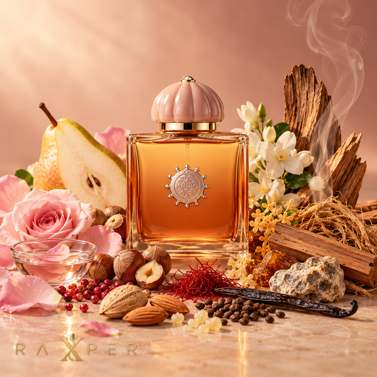 عطر Amouage Guidance 46 در کنار گلابی، رز، فندق، زعفران، وانیل و نتهای چوبی رسمی رایحه