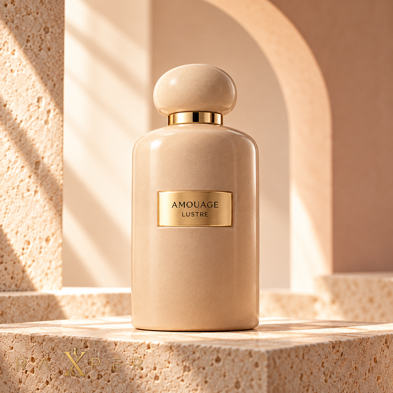 عطر آمواج لاستر با شیشه بژ و پلاک طلایی در نمای استودیویی لوکس