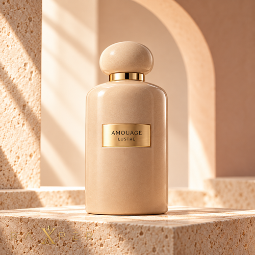 عطر آمواج لاستر با شیشه بژ و پلاک طلایی در نمای استودیویی لوکس