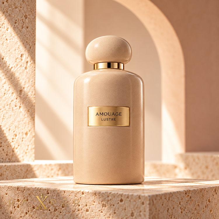 عطر آمواج لاستر با شیشه بژ و پلاک طلایی در نمای استودیویی لوکس