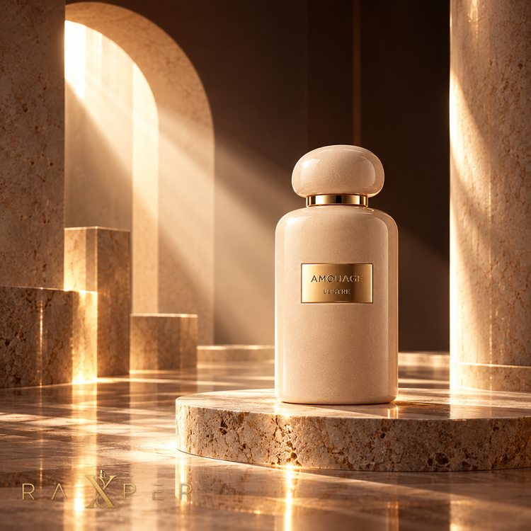 1. شیشه عطر آمواج لاستر در فضای معماری لوکس با نورپردازی سینمایی طلایی