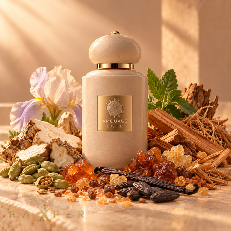 عطر Amouage Lustre در کنار هل، زنبق، پچولی، چوب صندل، وانیل، تونکا و صمغهای معطر