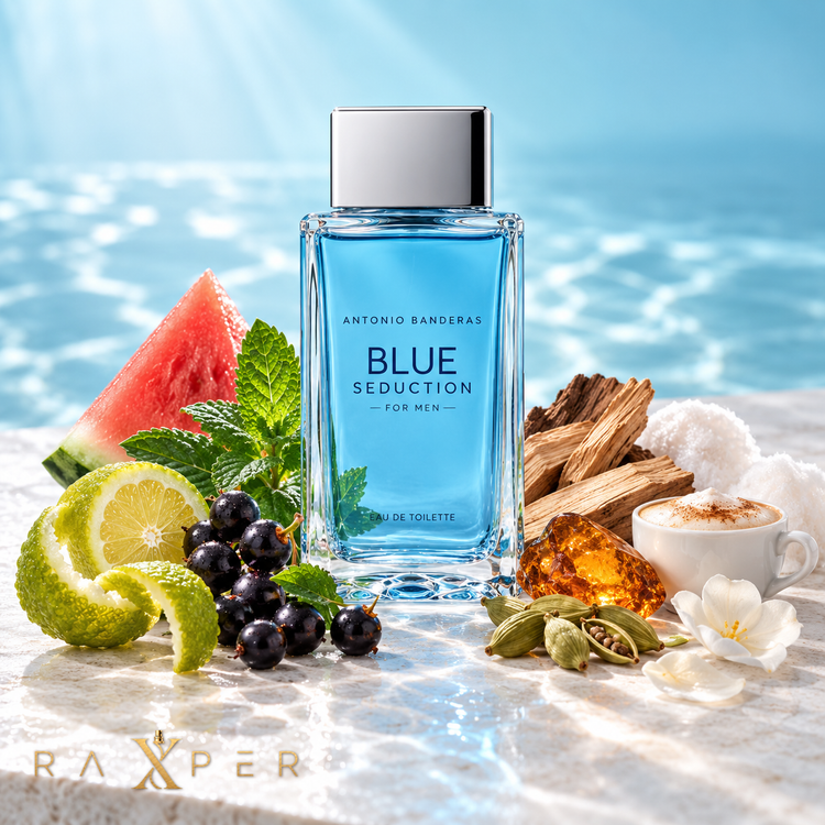 عطر Blue Seduction for Men در کنار ترنج، انگور فرنگی سیاه، نعناع، هندوانه، هل، چوب و آکورد کاپوچینو