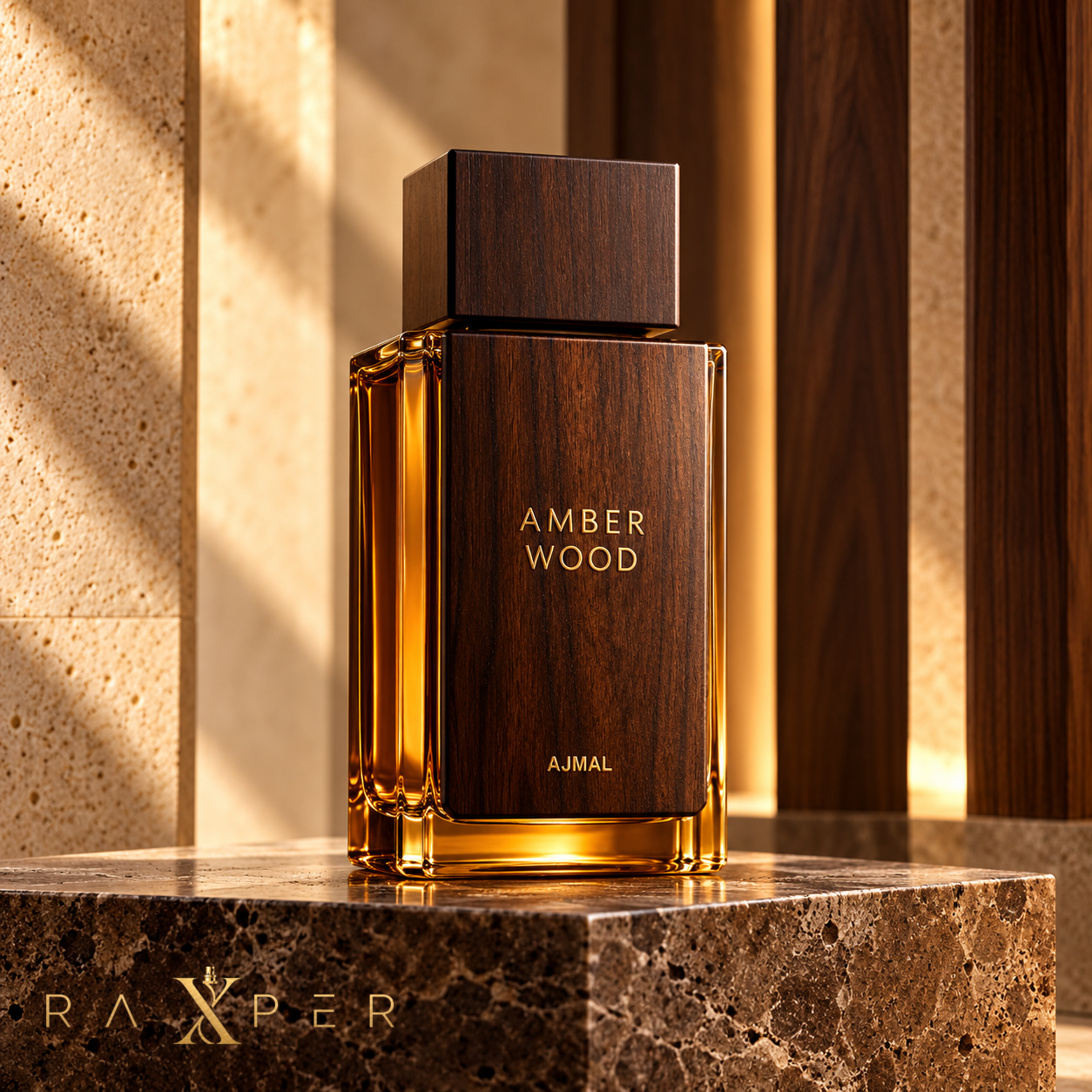 عطر اجمل آمبر وود با بطری چوبی و شیشه کهربایی در نمای استودیویی لوکس
