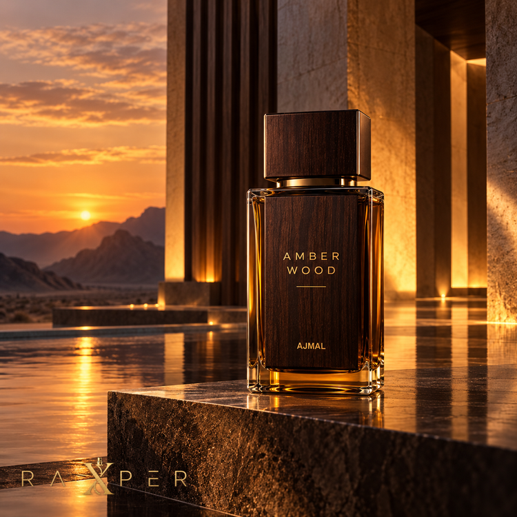 1. شیشه عطر اجمل آمبر وود در فضای معماری لوکس با نورپردازی غروب کهربایی