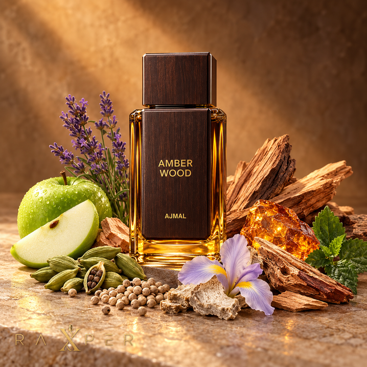 عطر Ajmal Amber Wood در کنار سیب سبز، هل، اسطوخودوس، فلفل سفید، زنبق، سدر، کهربا و پچولی