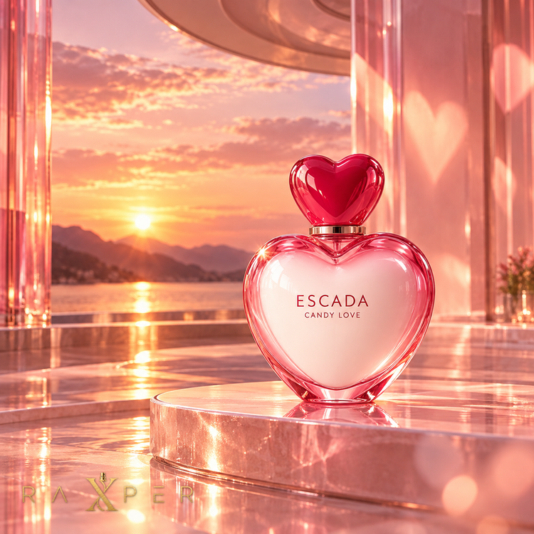 1. شیشه قلبی عطر اسکادا کندی لاو در فضای لوکس صورتی با نورپردازی غروب سینمایی