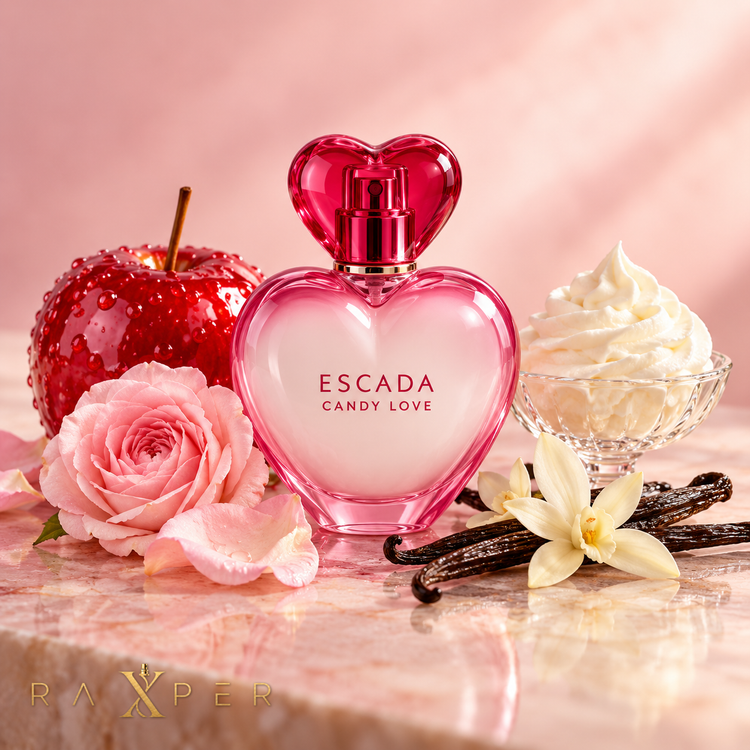 عطر Escada Candy Love در کنار سیب شکری، رز صورتی، خامه زدهشده و وانیل