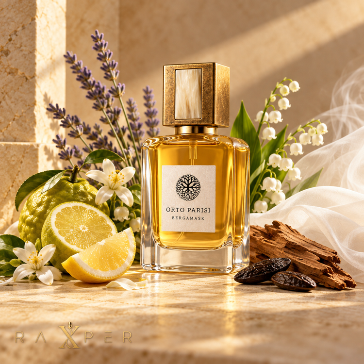 عطر Orto Parisi Bergamask در کنار ترنج، لیمو، اسطوخودوس، شکوفه پرتقال، گل برف، چوب سدر و دانه تونکا