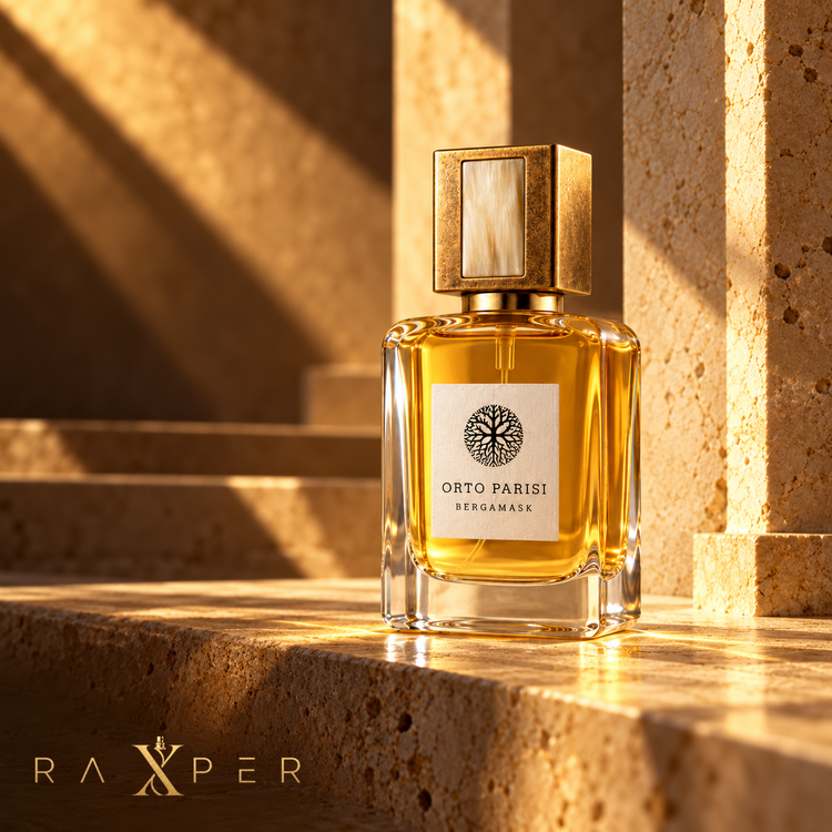 1. عطر اورتو پاریسی برگاماسک با شیشه طلایی در فضای سینمایی و معماری سنگی لوکس