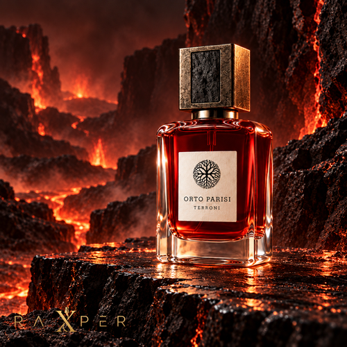 عطر اورتو پاریسی ترونی با شیشه شفاف، مایع قرمز تیره و درپوش سنگ آتشفشانی در نمای لوکس
