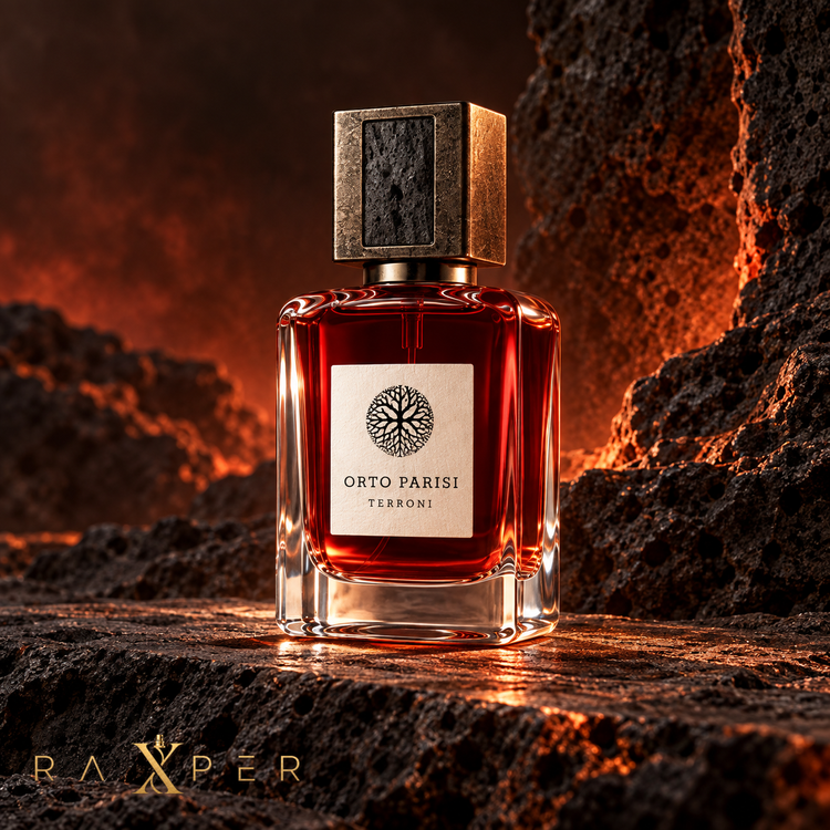 1. عطر اورتو پاریسی ترونی در فضای سینمایی آتشفشانی با گدازههای سرخ و نورپردازی لوکس