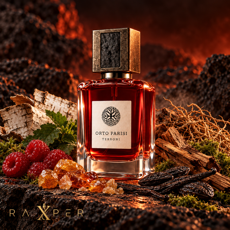 عطر Orto Parisi Terroni در کنار تمشک، توس، عنبر، بنزوئین، چوب، خسخس، خزه، پچولی، تونکا و وانیل