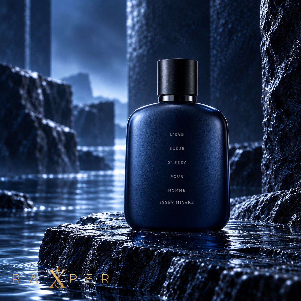 عطر ایسی میاکه بلو مردانه با شیشه مات آبی تیره و درپوش مشکی در نمای استودیویی لوکس