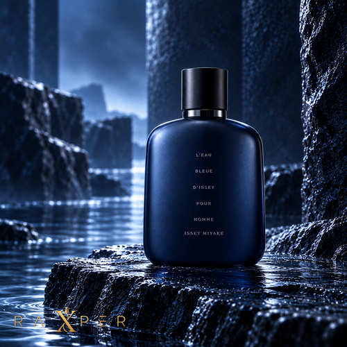 عطر ایسی میاکه بلو مردانه با شیشه مات آبی تیره و درپوش مشکی در نمای استودیویی لوکس