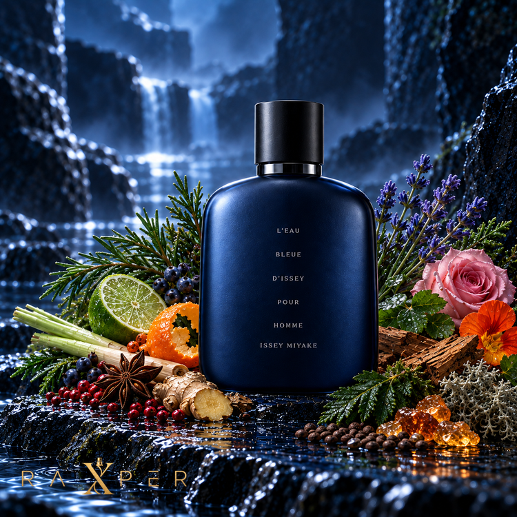 عطر Issey Miyake L’Eau Bleue d’Issey در کنار لیموترش، ماندارین، رزماری، سرو، اسطوخودوس، زنجبیل و نتهای چوبی
