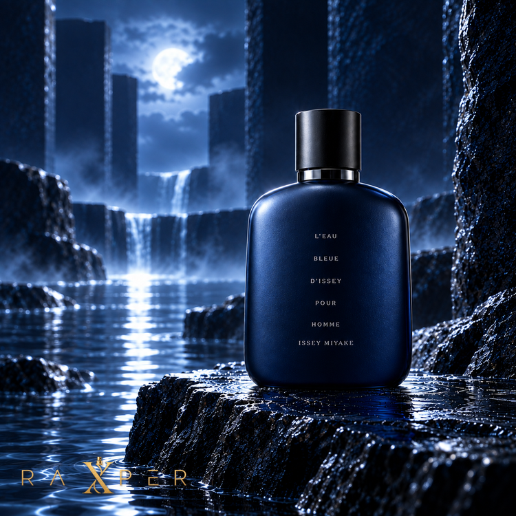 1. عطر ایسی میاکه بلو مردانه در فضای سینمایی آبی با آبشار، سنگهای خیس و نور مهتاب