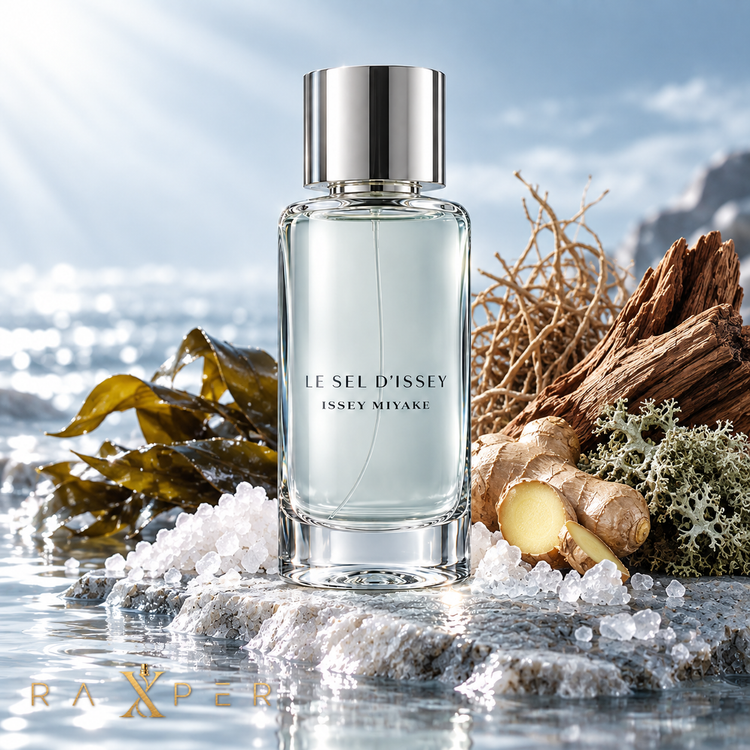 عطر Issey Miyake Le Sel d’Issey در کنار نمک دریایی، زنجبیل، جلبک، خسخس، سدر و خزه بلوط