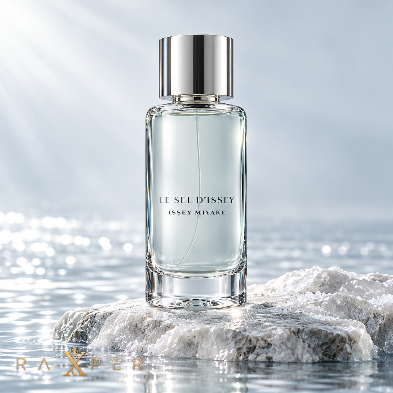 عطر ایسه میاکه له سل با شیشه شفاف و درپوش نقره‌ای در نمای استودیویی لوکس