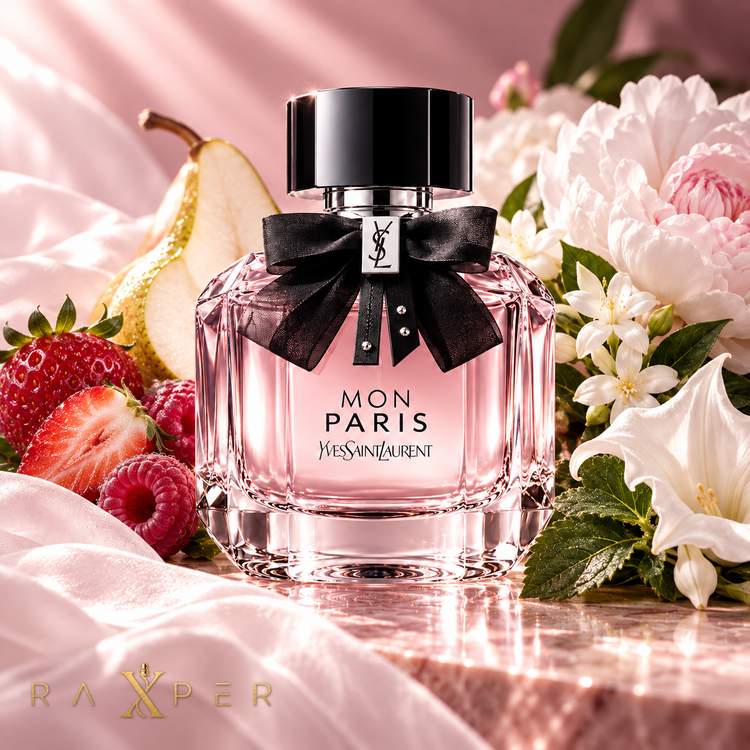 عطر YSL Mon Paris در کنار توتفرنگی، تمشک، گلابی، گل صدتومانی، یاس و برگ پچولی