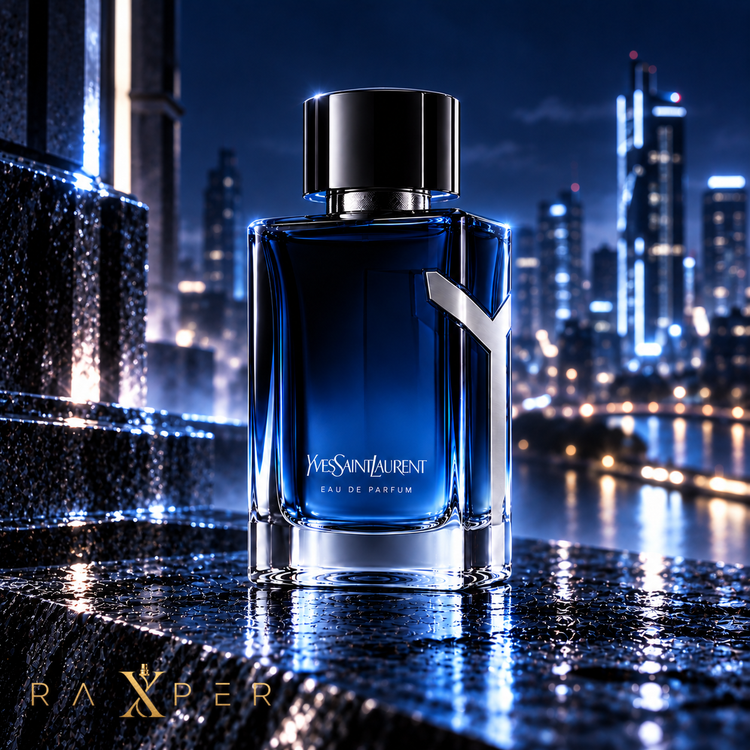 1. عطر ایو سن لورن وای ادو پرفیوم در فضای شهری و شبانه با نورپردازی آبی لوکس