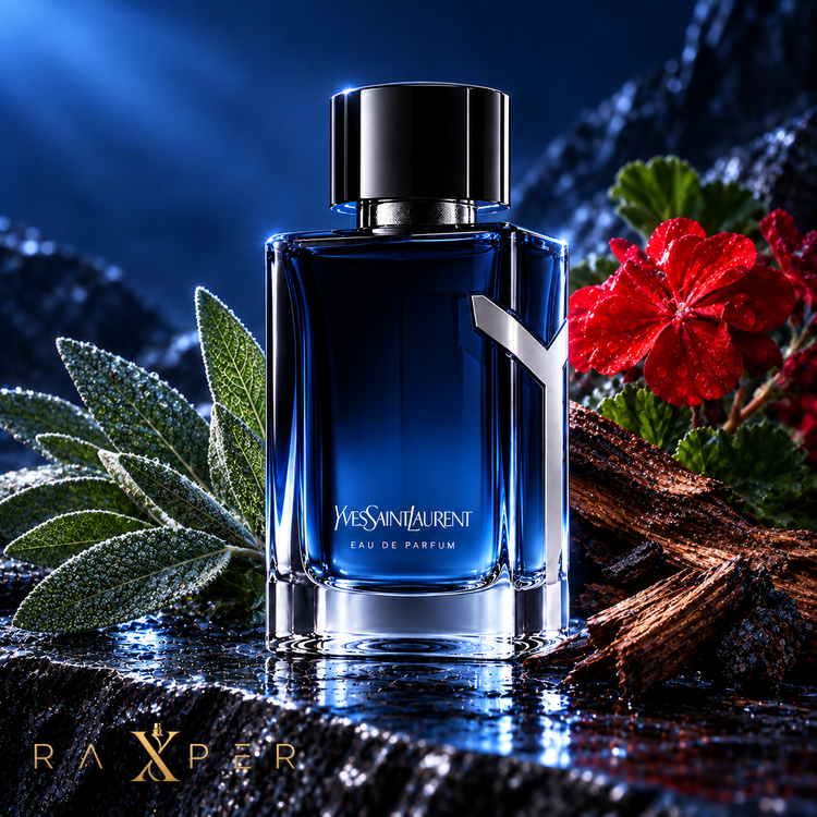 عطر YSL Y Eau de Parfum در کنار مریمگلی، گل شمعدانی و چوبهای تیره