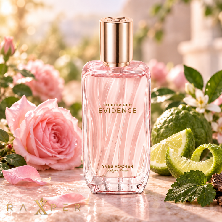 عطر Yves Rocher Comme une Evidence در کنار رز صورتی، ترنج و برگ پچولی