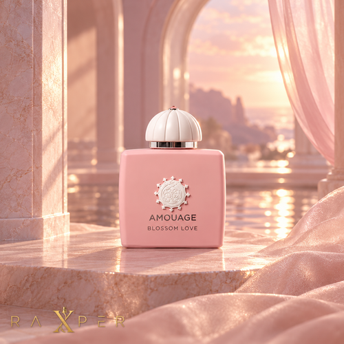 عطر آمواج بلاسم لاو با شیشه صورتی و درپوش سفید در نمای استودیویی لوکس