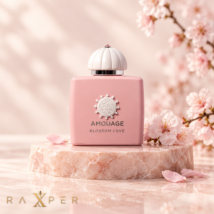 1. عطر آمواج بلاسم لاو در فضای رؤیایی صورتی با نورپردازی طلایی و پارچه ابریشمی