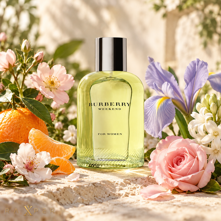 عطر زنانه باربری لندن در کنار گل رز، پیچ امینالدوله، یاس و نارنگی