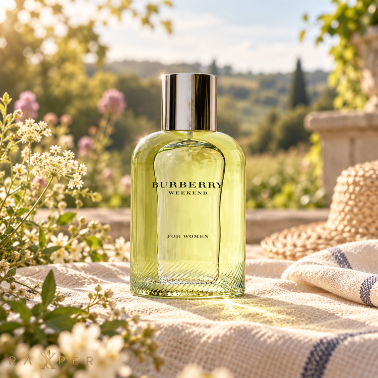 عطر Burberry London زنانه در فضای شبانه و لوکس شهر لندن با لوگوی RAXPER