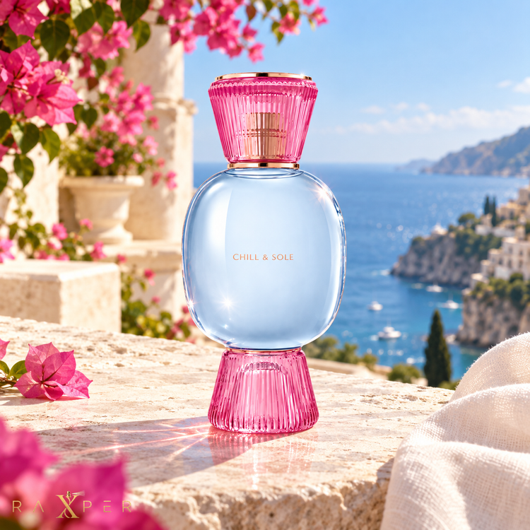 1. عطر بولگاری چیل اند سول در فضای آفتابی ساحل مدیترانه با لوگوی RAXPER