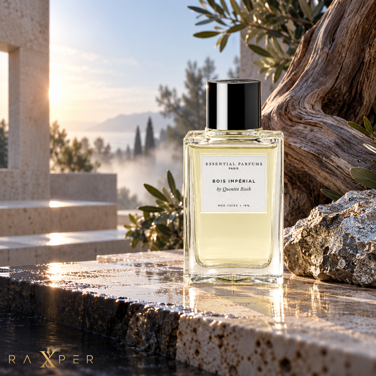1. عطر اسنشیال پرفیومز بویس امپریال در فضای معماری مدرن با عناصر چوبی و طبیعت سبز