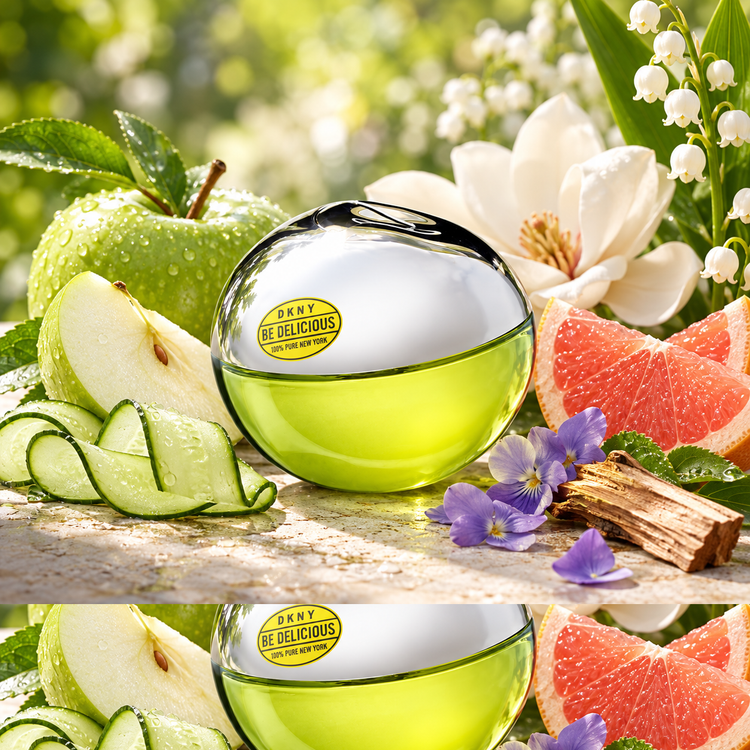 عطر DKNY Be Delicious در کنار سیب سبز، خیار، گریپفروت، مگنولیا، بنفشه و چوب صندل