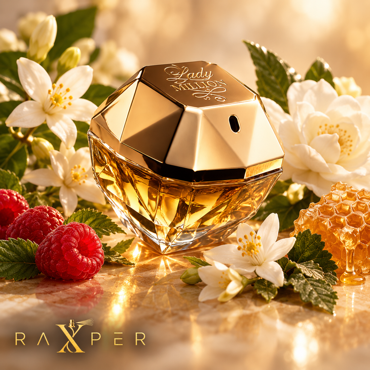 عطر Lady Million در کنار تمشک، شکوفههای سفید، یاس و عسل
