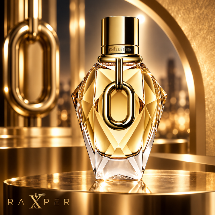 1. شیشه عطر میلیون گلد زنانه روی استند طلایی در فضایی لوکس و مدرن