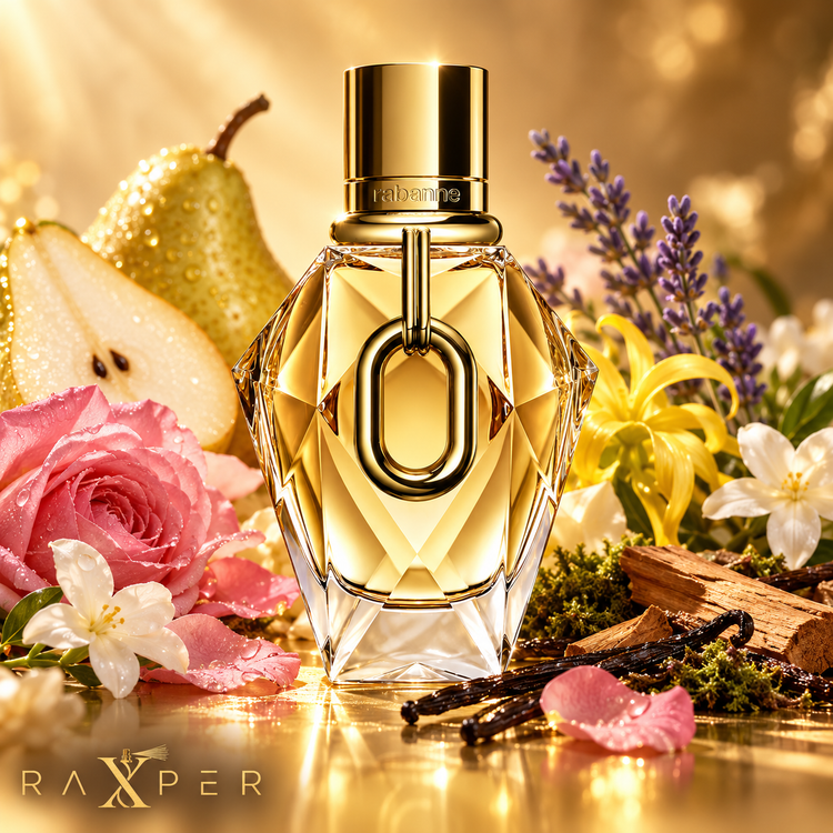 عطر Rabanne Million Gold For Her در کنار گلابی، رز، اسطوخودوس، یاس و وانیل