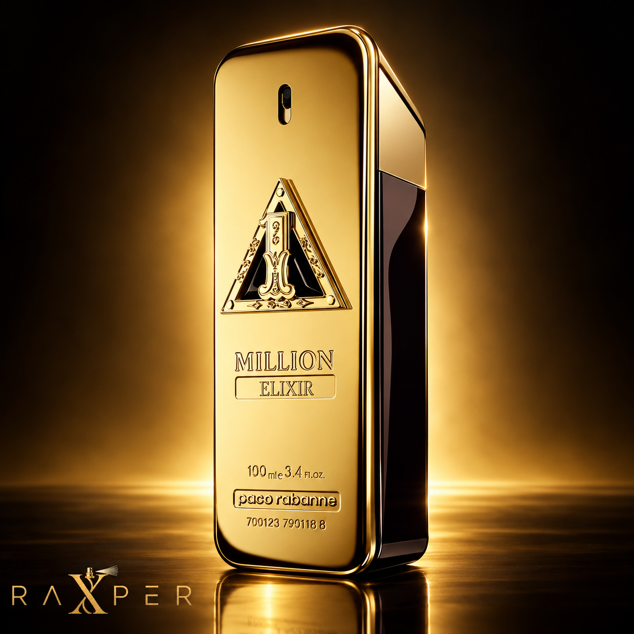 عطر پاکو رابان وان میلیون الکسیر با بطری طلایی در نمای استودیویی لوکس