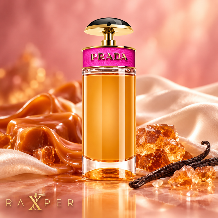 عطر Prada Candy در کنار کارامل، رزین بنزوئین، وانیل و پارچه سفید نماد مشک