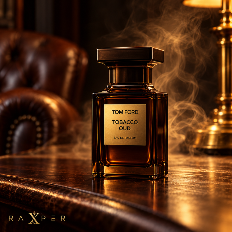 1. نمای ادیتوریال عطر تام فورد توباکو عود در فضای چرمی و دودی