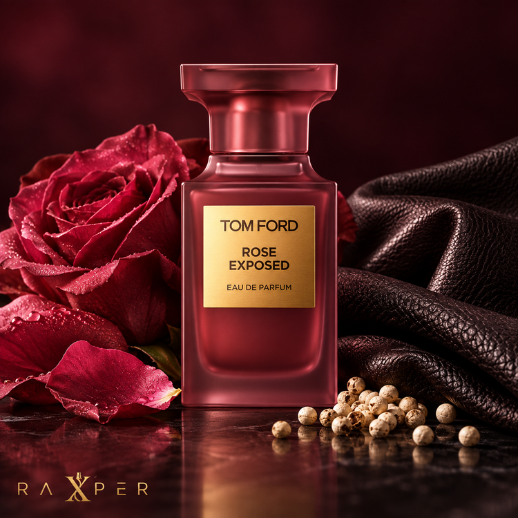 عطر تام فورد رز اکسپوزد در کنار گل رز، فلفل سفید و چرم مشکی