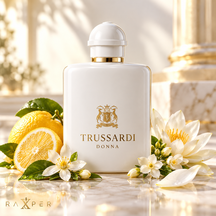 عطر تروساردی دونا در کنار لیمو، یوزو و گلهای سفید