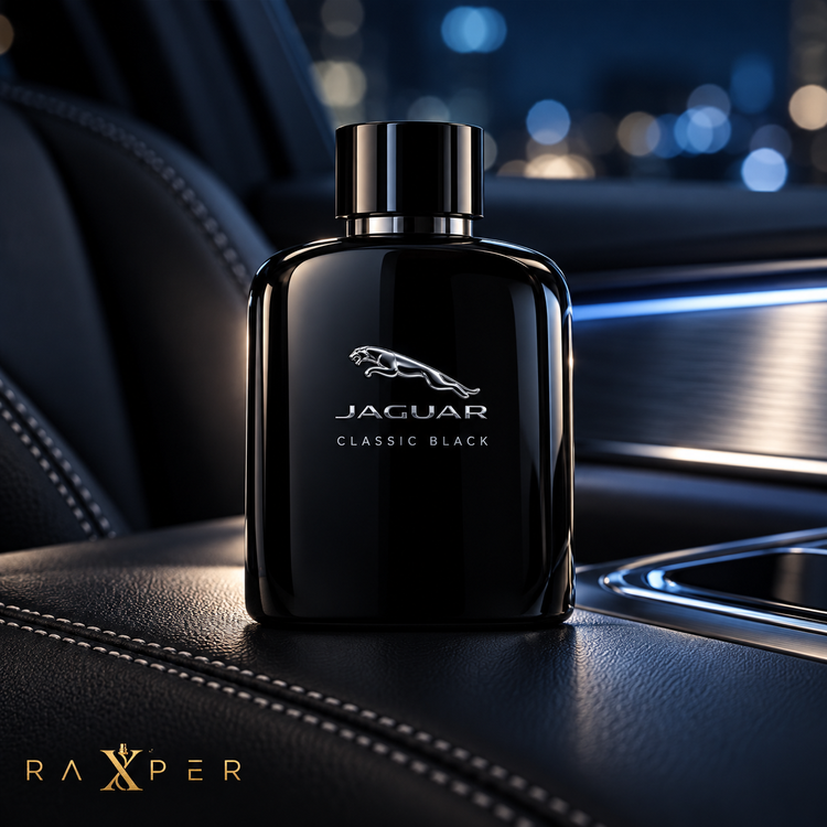 1. نمای ادیتوریال عطر جگوار کلاسیک بلک در فضای لوکس خودرو