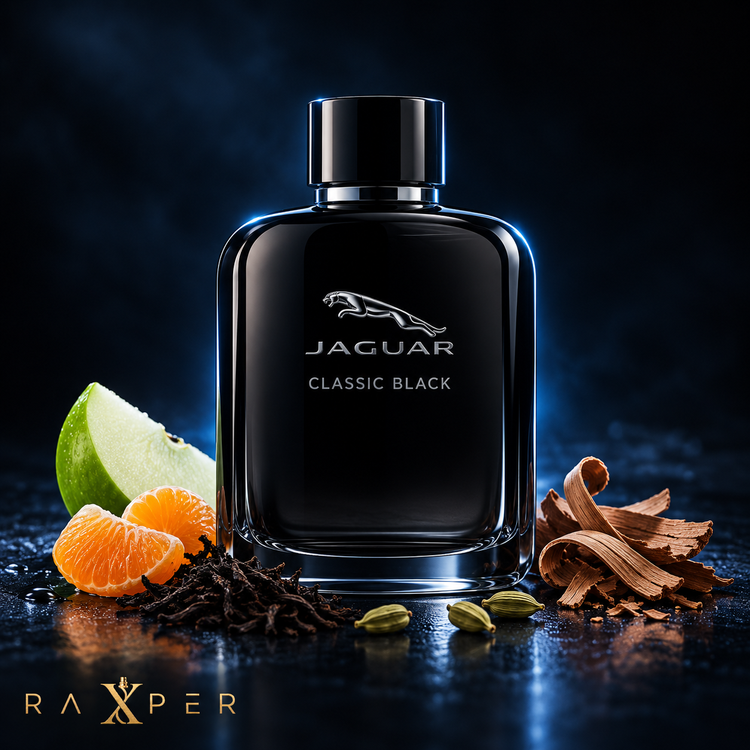 عطر جگوار کلاسیک بلک در کنار سیب سبز، پرتقال و چوب سدر