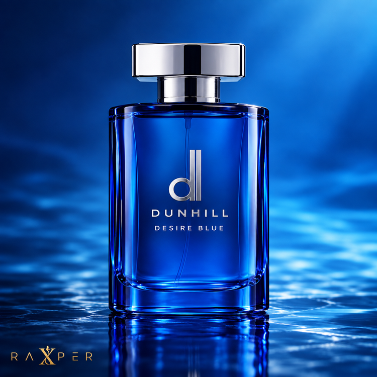 عطر دانهیل دیزایر بلو با بطری آبی در نمای استودیویی
