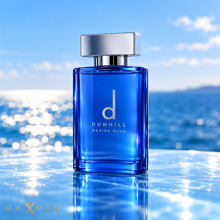 نمای ادیتوریال عطر دانهیل دیزایر بلو در فضای دریایی آبی