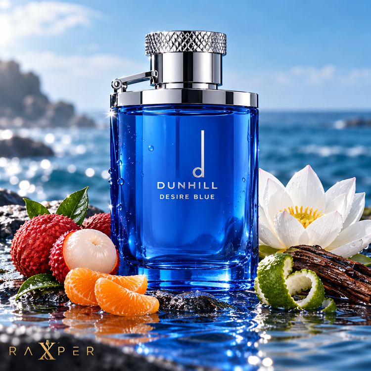 عطر دانهیل دیزایر بلو در کنار لیچی، نارنگی، لوتوس و ترنج