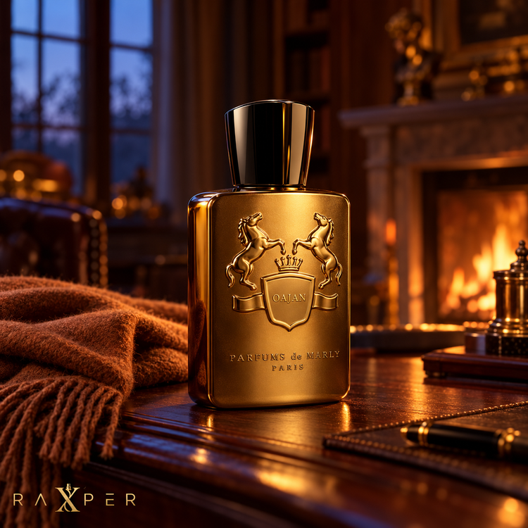 نمای ادیتوریال عطر پارفومز د مارلی اوجان در فضای گرم و لوکس کنار شومینه